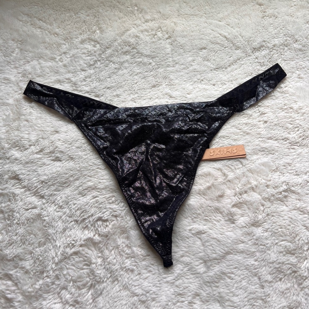 SKIMS Glitter Thong Onyx Black Silver Shimmer Logo Waistband PN-THG-1975 3X NEW